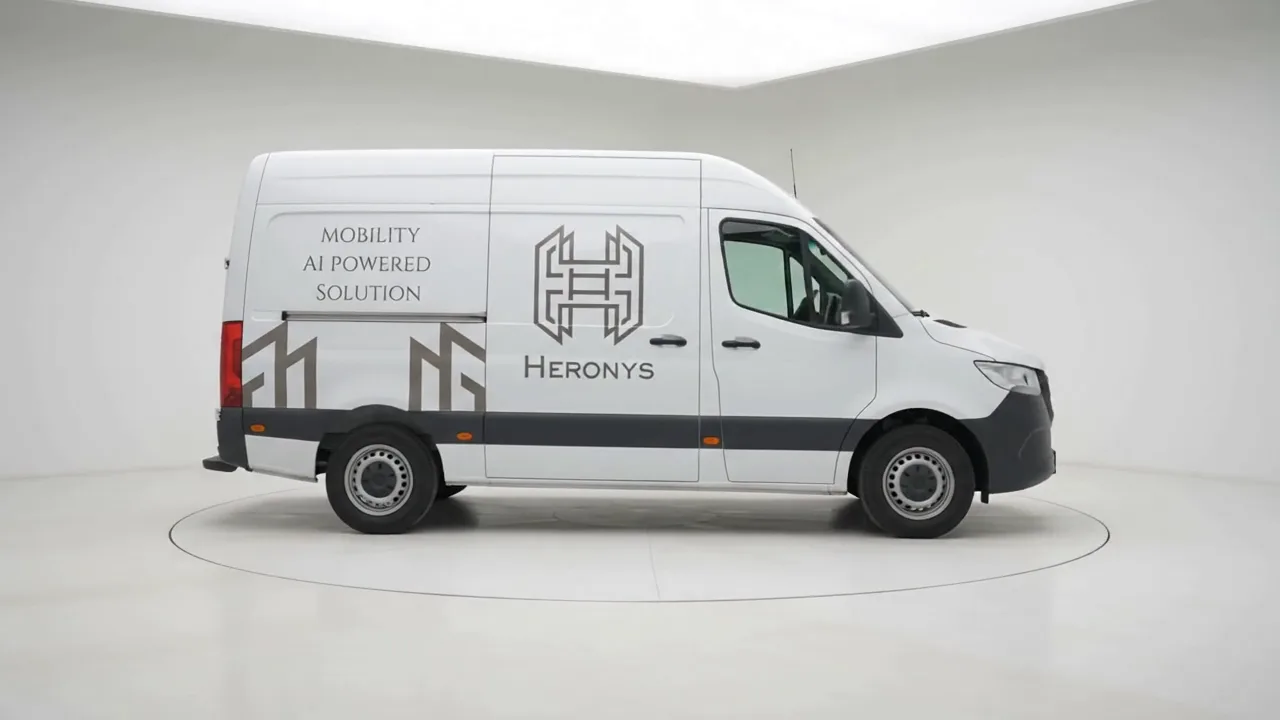 The Heronys AI Command Center van, a white Mercedes Sprinter in Heronys livery